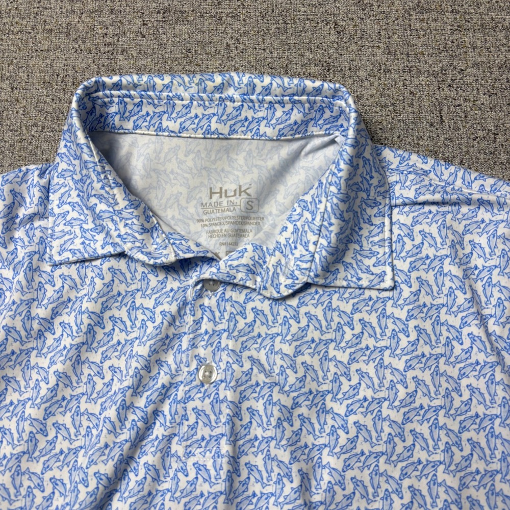 Huk Polo Shirt Mens Small White Blue Fish Graphic Short Sleeve Performance